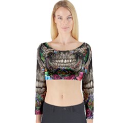 Retro Floral Skull Long Sleeve Crop Top by GardenOfOphir