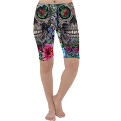 Retro Floral Skull Cropped Leggings  by GardenOfOphir