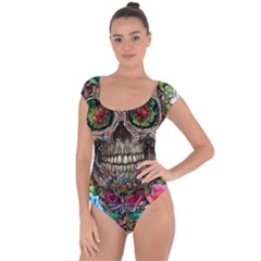 Retro Floral Skull Short Sleeve Leotard  by GardenOfOphir