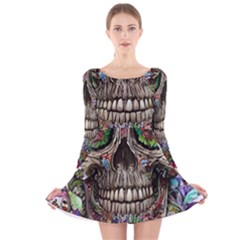 Retro Floral Skull Long Sleeve Velvet Skater Dress