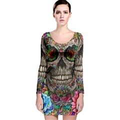 Retro Floral Skull Long Sleeve Velvet Bodycon Dress