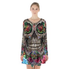 Retro Floral Skull Long Sleeve Velvet V-neck Dress