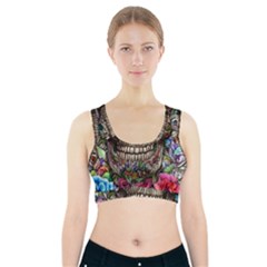 Retro Floral Skull Sports Bra With Pocket by GardenOfOphir