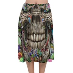 Retro Floral Skull Velvet Flared Midi Skirt