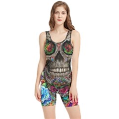 Retro Floral Skull Women s Wrestling Singlet by GardenOfOphir