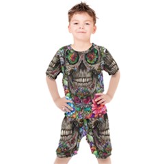 Retro Floral Skull Kids  Tee And Shorts Set by GardenOfOphir