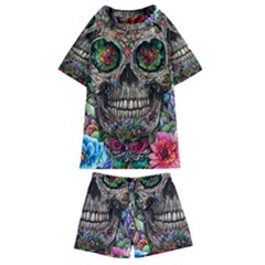 Retro Floral Skull Kids  Swim Tee And Shorts Set by GardenOfOphir