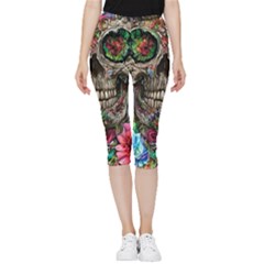 Retro Floral Skull Inside Out Lightweight Velour Capri Leggings  by GardenOfOphir