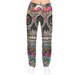 Retro Floral Skull Women Velvet Drawstring Pants