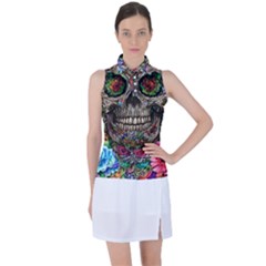 Retro Floral Skull Women s Sleeveless Polo Tee by GardenOfOphir