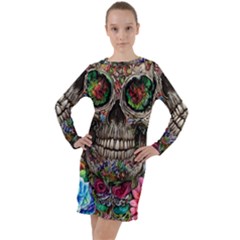 Retro Floral Skull Long Sleeve Hoodie Dress