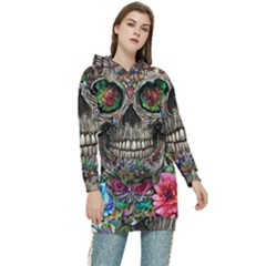 Retro Floral Skull Women s Long Oversized Pullover Hoodie