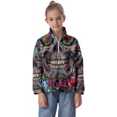 Retro Floral Skull Kids  Half Zip Hoodie