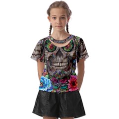 Retro Floral Skull Kids  Front Cut Tee by GardenOfOphir