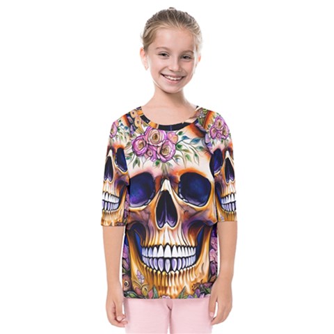 Bone Skull Floral Kids  Quarter Sleeve Raglan Tee by GardenOfOphir