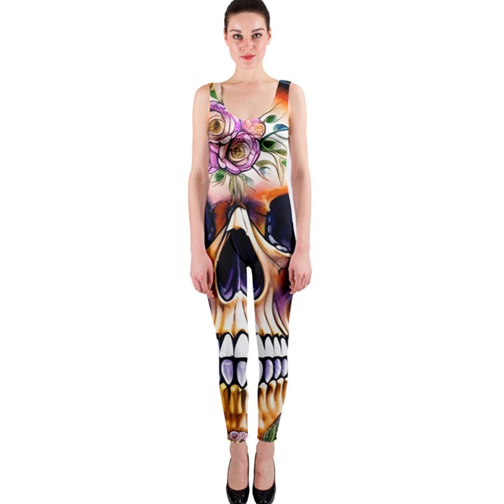 Bone Skull Floral One Piece Catsuit