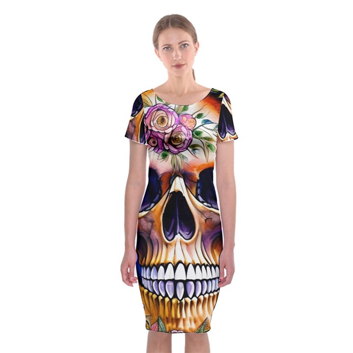 Bone Skull Floral Classic Short Sleeve Midi Dress