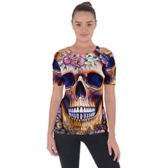 Bone Skull Floral Shoulder Cut Out Short Sleeve Top by GardenOfOphir