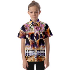 Bone Skull Floral Kids  Short Sleeve Shirt by GardenOfOphir