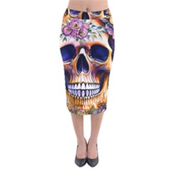 Bone Skull Floral Velvet Midi Pencil Skirt by GardenOfOphir