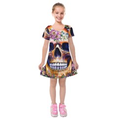 Bone Skull Floral Kids  Short Sleeve Velvet Dress by GardenOfOphir