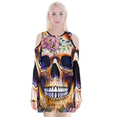 Bone Skull Floral Velvet Long Sleeve Shoulder Cutout Dress