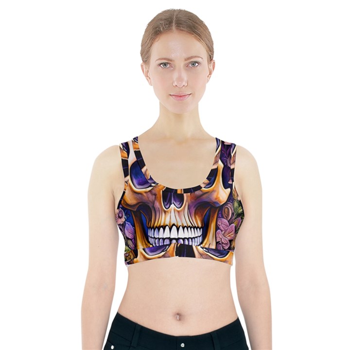 Bone Skull Floral Sports Bra With Pocket