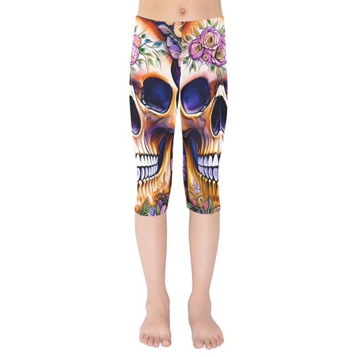 Bone Skull Floral Kids  Capri Leggings 