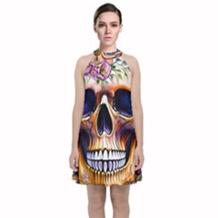 Bone Skull Floral Velvet Halter Neckline Dress 