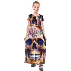 Bone Skull Floral Kids  Short Sleeve Maxi Dress by GardenOfOphir