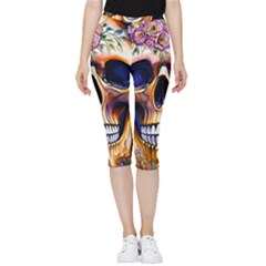 Bone Skull Floral Inside Out Lightweight Velour Capri Leggings  by GardenOfOphir