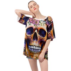 Bone Skull Floral Oversized Chiffon Top by GardenOfOphir