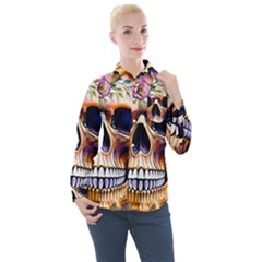 Bone Skull Floral Women s Long Sleeve Pocket Shirt