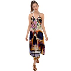 Bone Skull Floral Halter Tie Back Dress  by GardenOfOphir