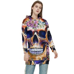 Bone Skull Floral Women s Long Oversized Pullover Hoodie