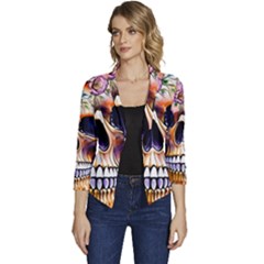 Bone Skull Floral Women s Casual 3/4 Sleeve Spring Jacket by GardenOfOphir