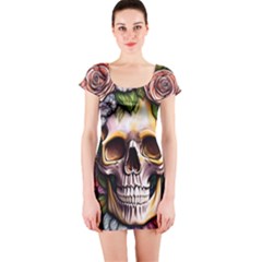 Death Skull Floral Short Sleeve Bodycon Dress by GardenOfOphir