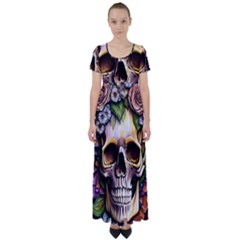 Death Skull Floral High Waist Short Sleeve Maxi Dress by GardenOfOphir