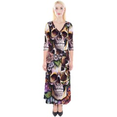 Death Skull Floral Quarter Sleeve Wrap Maxi Dress by GardenOfOphir