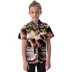 Death Skull Floral Kids  Short Sleeve Shirt by GardenOfOphir