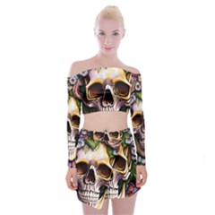 Death Skull Floral Off Shoulder Top With Mini Skirt Set by GardenOfOphir