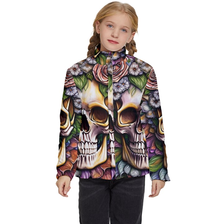 Death Skull Floral Kids  Puffer Bubble Jacket Coat