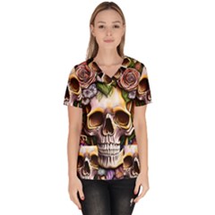 Death Skull Floral Women s V-neck Scrub Top by GardenOfOphir