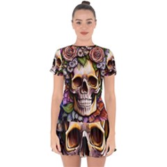 Death Skull Floral Drop Hem Mini Chiffon Dress by GardenOfOphir