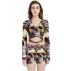 Death Skull Floral Velvet Wrap Crop Top And Shorts Set by GardenOfOphir