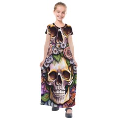 Death Skull Floral Kids  Short Sleeve Maxi Dress by GardenOfOphir