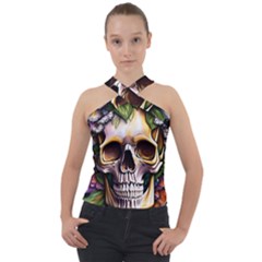 Death Skull Floral Cross Neck Velour Top by GardenOfOphir