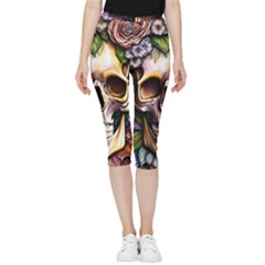 Death Skull Floral Inside Out Lightweight Velour Capri Leggings  by GardenOfOphir