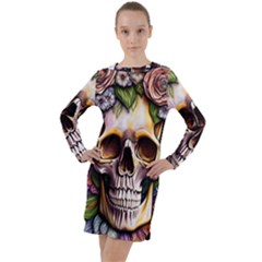 Death Skull Floral Long Sleeve Hoodie Dress