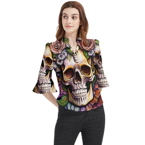 Death Skull Floral Loose Horn Sleeve Chiffon Blouse by GardenOfOphir